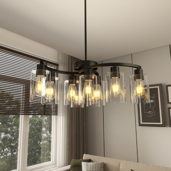 English Elm 9-Light Matte Black Steel Chandelier with Clear Glass Shades for Dining and Kitchen W1340P316381