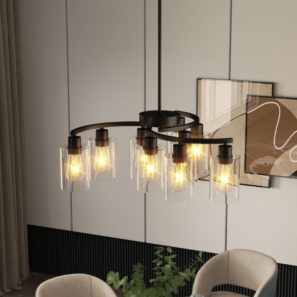 English Elm 9-Light Matte Black Steel Chandelier with Clear Glass Shades for Dining and Kitchen W1340P316381