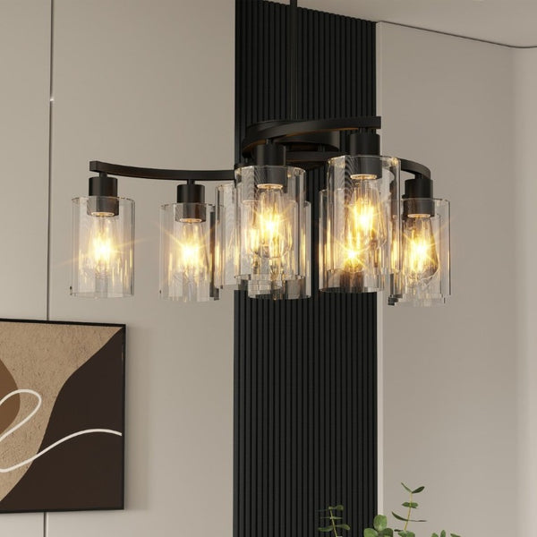 English Elm 9-Light Matte Black Steel Chandelier with Clear Glass Shades for Dining and Kitchen W1340P316381