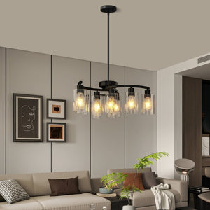 English Elm 9-Light Matte Black Steel Chandelier with Clear Glass Shades for Dining and Kitchen W1340P316381