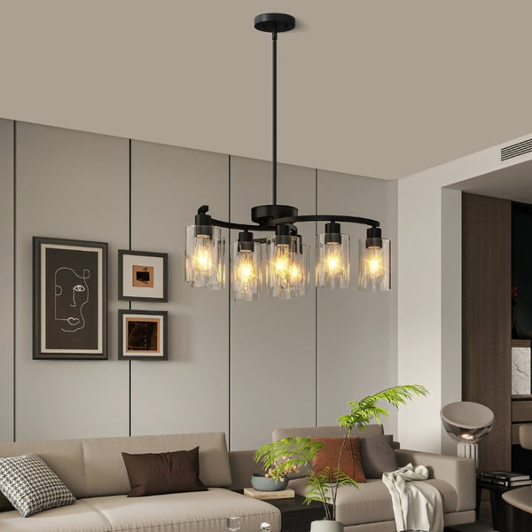 English Elm 9-Light Matte Black Steel Chandelier with Clear Glass Shades for Dining and Kitchen W1340P316381