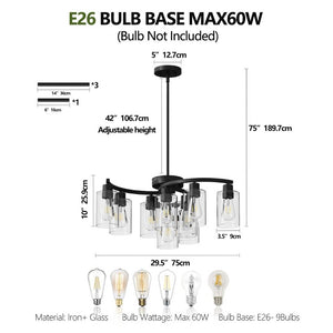 English Elm 9-Light Matte Black Steel Chandelier with Clear Glass Shades for Dining and Kitchen W1340P316381