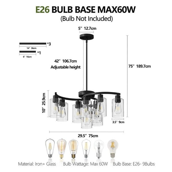 English Elm 9-Light Matte Black Steel Chandelier with Clear Glass Shades for Dining and Kitchen W1340P316381