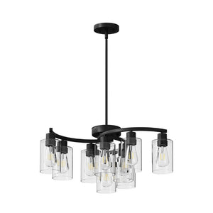English Elm 9-Light Matte Black Steel Chandelier with Clear Glass Shades for Dining and Kitchen W1340P316381