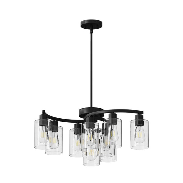 English Elm 9-Light Matte Black Steel Chandelier with Clear Glass Shades for Dining and Kitchen W1340P316381