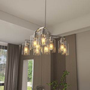 English Elm 9-Light Brushed Nickel Iron Chandelier with Clear Glass Shades for Dining or Kitchen Chrome W1340P316382