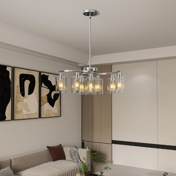 English Elm 9-Light Brushed Nickel Iron Chandelier with Clear Glass Shades for Dining or Kitchen Chrome W1340P316382