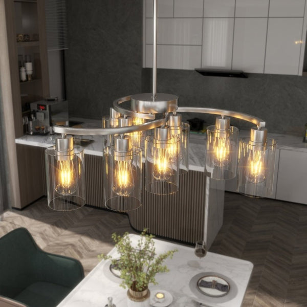 English Elm 9-Light Brushed Nickel Iron Chandelier with Clear Glass Shades for Dining or Kitchen Chrome W1340P316382
