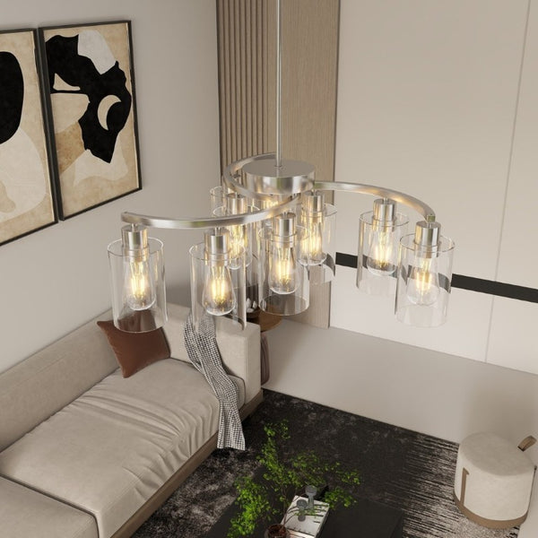 English Elm 9-Light Brushed Nickel Iron Chandelier with Clear Glass Shades for Dining or Kitchen Chrome W1340P316382
