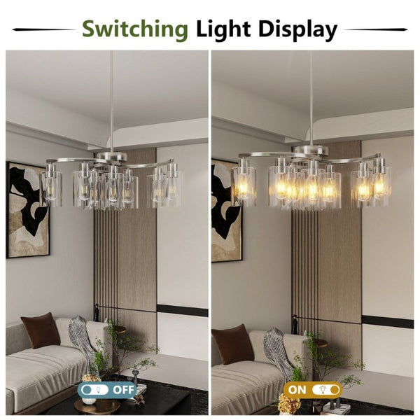 English Elm 9-Light Brushed Nickel Iron Chandelier with Clear Glass Shades for Dining or Kitchen Chrome W1340P316382