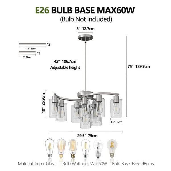 English Elm 9-Light Brushed Nickel Iron Chandelier with Clear Glass Shades for Dining or Kitchen Chrome W1340P316382