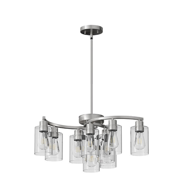 English Elm 9-Light Brushed Nickel Iron Chandelier with Clear Glass Shades for Dining or Kitchen Chrome W1340P316382