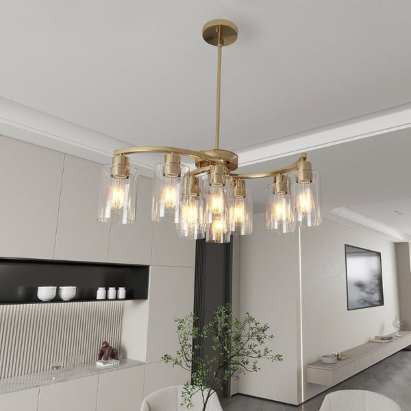 English Elm 9-Light Brushed Nickel Iron Chandelier with Clear Glass Shades for Dining or Kitchen Gold W1340P316383