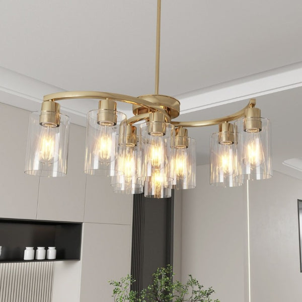 English Elm 9-Light Brushed Nickel Iron Chandelier with Clear Glass Shades for Dining or Kitchen Gold W1340P316383