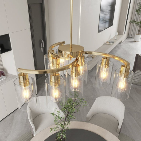 English Elm 9-Light Brushed Nickel Iron Chandelier with Clear Glass Shades for Dining or Kitchen Gold W1340P316383