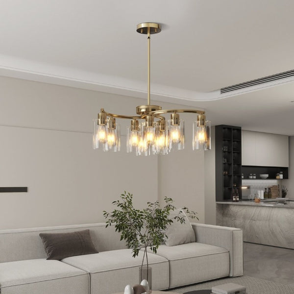 English Elm 9-Light Brushed Nickel Iron Chandelier with Clear Glass Shades for Dining or Kitchen Gold W1340P316383