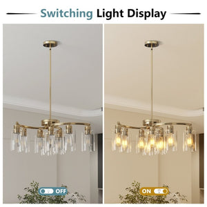 English Elm 9-Light Brushed Nickel Iron Chandelier with Clear Glass Shades for Dining or Kitchen Gold W1340P316383