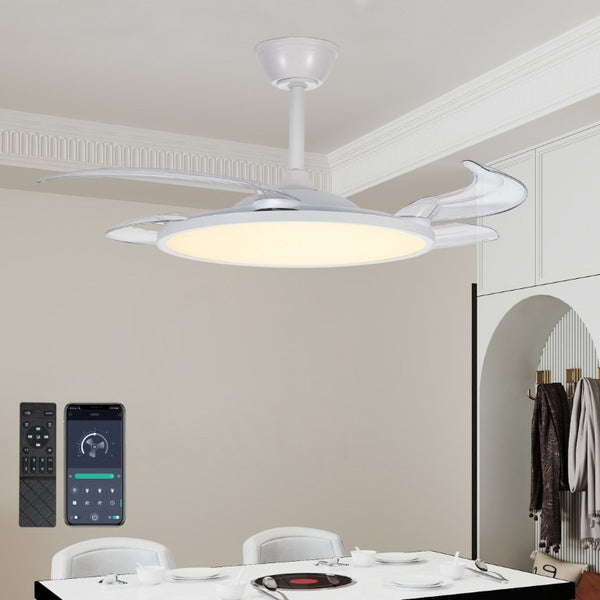 English Elm Retractable Blade Ceiling Fan with LED Light Flush Mount DC Motor Remote Indoor White W1340P324963