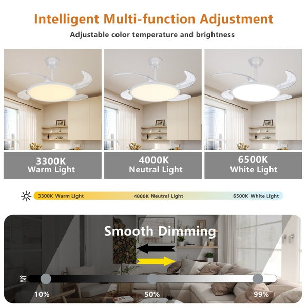 English Elm Retractable Blade Ceiling Fan with LED Light Flush Mount DC Motor Remote Indoor White W1340P324963