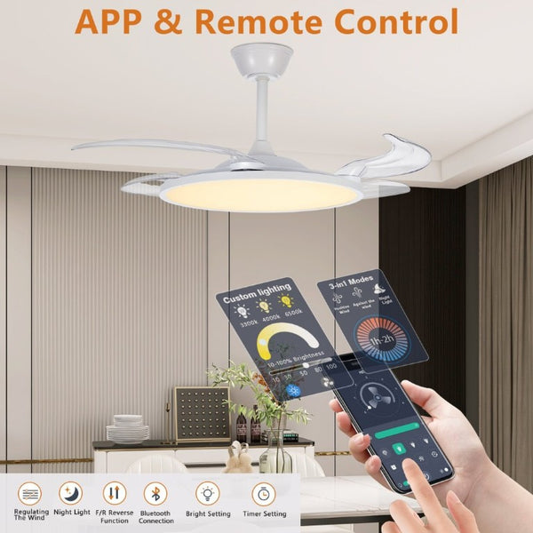 English Elm Retractable Blade Ceiling Fan with LED Light Flush Mount DC Motor Remote Indoor White W1340P324963