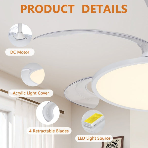 English Elm Retractable Blade Ceiling Fan with LED Light Flush Mount DC Motor Remote Indoor White W1340P324963