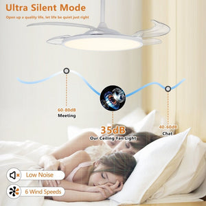 English Elm Retractable Blade Ceiling Fan with LED Light Flush Mount DC Motor Remote Indoor White W1340P324963