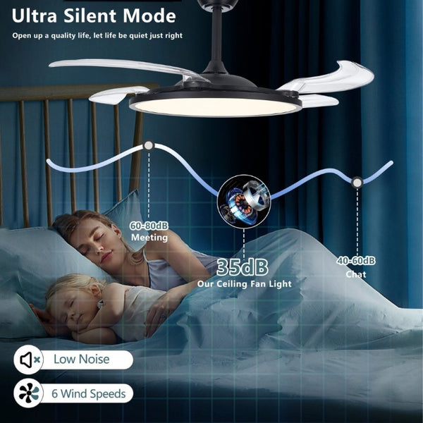 English Elm Retractable Blade Ceiling Fan with LED Light Flush Mount DC Motor Remote Indoor Black W1340P324964