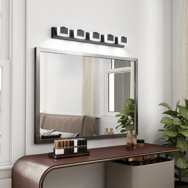English Elm 5 Light Matte Black Vanity Bar Bidirectional LED Fixture for Modern Bathroom Walls W1340P328796