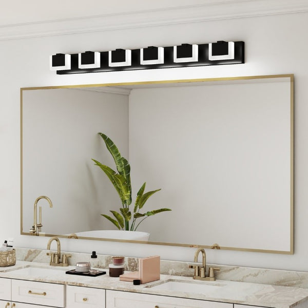 English Elm Led Six Globe Vanity Light Matte Black Bar Fixture with Acrylic Diffusers for Bathrooms W1340P328797