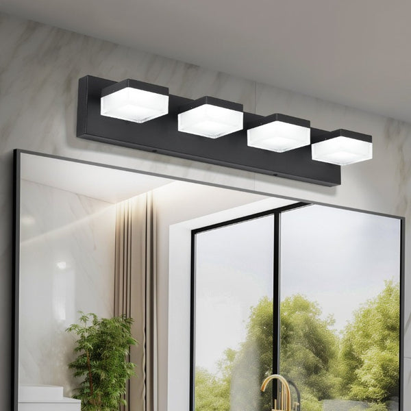 English Elm Black Matte Vanity Light Four Frosted Acrylic Shades Dimmable LED Cool White Bath W1340P328816