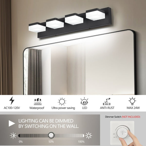 English Elm Black Matte Vanity Light Four Frosted Acrylic Shades Dimmable LED Cool White Bath W1340P328816