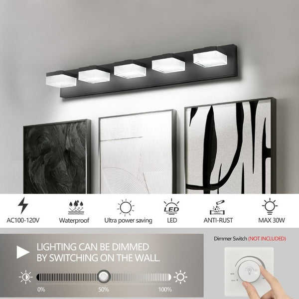 English Elm Bathroom 5 Light LED Vanity Bar Fixture Matte Steel Acrylic Shade Modern Linear Black W1340P328817