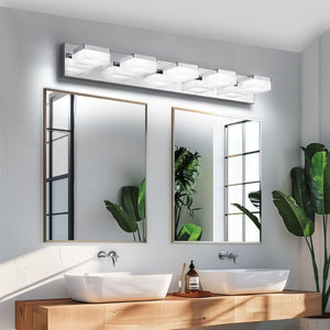 English Elm Bathroom 5 Light LED Vanity Bar Fixture Matte Steel Acrylic Shade Modern Linear Chrome W1340P328820