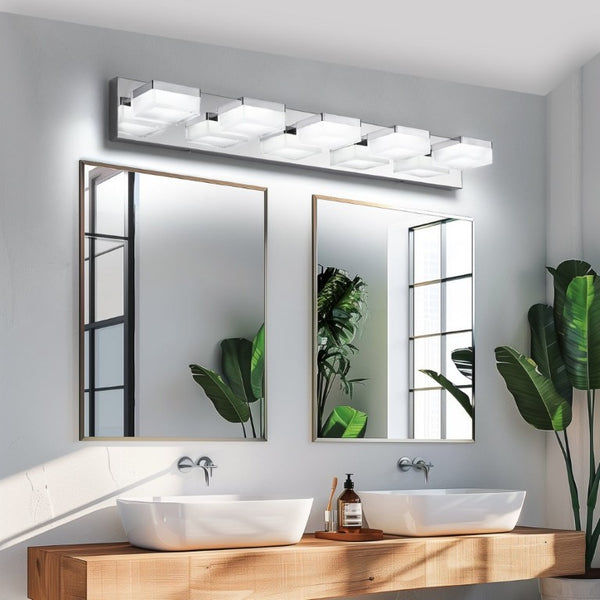 English Elm Bathroom 5 Light LED Vanity Bar Fixture Matte Steel Acrylic Shade Modern Linear Chrome W1340P328820
