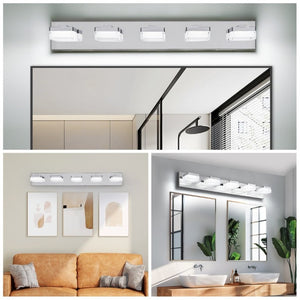 English Elm Bathroom 5 Light LED Vanity Bar Fixture Matte Steel Acrylic Shade Modern Linear Chrome W1340P328820