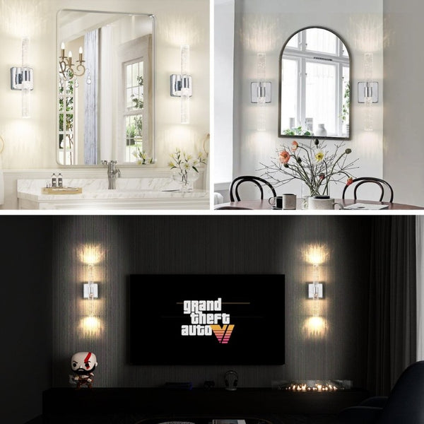 English Elm Same Chrome Dual Light Sconce with Bubble Crystal Tubes for Bathroom or Hallway Walls W1340P339584