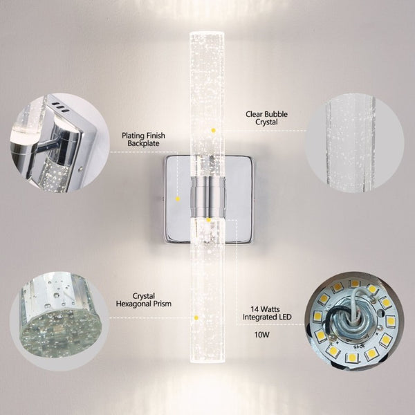 English Elm Same Chrome Dual Light Sconce with Bubble Crystal Tubes for Bathroom or Hallway Walls W1340P339584