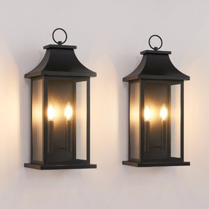 English Elm 2-Pack Lantern Outdoor Wall Sconces Black Metal Tempered Glass Porch Entryway Lights W1340P379243