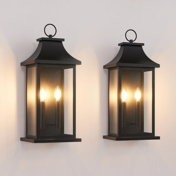 English Elm 2-Pack Lantern Outdoor Wall Sconces Black Metal Tempered Glass Porch Entryway Lights W1340P379243
