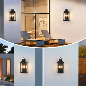 English Elm 2-Pack Lantern Outdoor Wall Sconces Black Metal Tempered Glass Porch Entryway Lights W1340P379243
