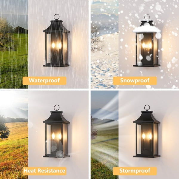 English Elm 2-Pack Lantern Outdoor Wall Sconces Black Metal Tempered Glass Porch Entryway Lights W1340P379243