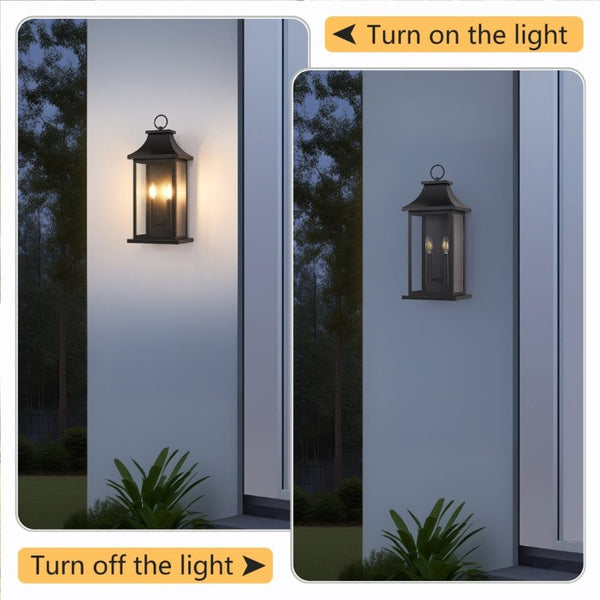 English Elm 2-Pack Lantern Outdoor Wall Sconces Black Metal Tempered Glass Porch Entryway Lights W1340P379243
