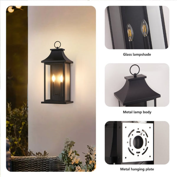 English Elm 2-Pack Lantern Outdoor Wall Sconces Black Metal Tempered Glass Porch Entryway Lights W1340P379243