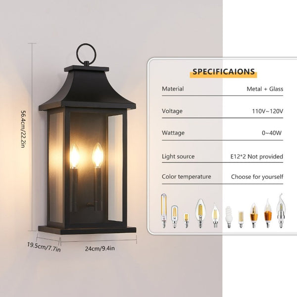 English Elm 2-Pack Lantern Outdoor Wall Sconces Black Metal Tempered Glass Porch Entryway Lights W1340P379243