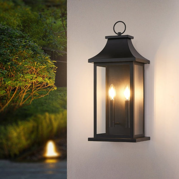 English Elm 2-Pack Lantern Outdoor Wall Sconces Black Metal Tempered Glass Porch Entryway Lights W1340P379243