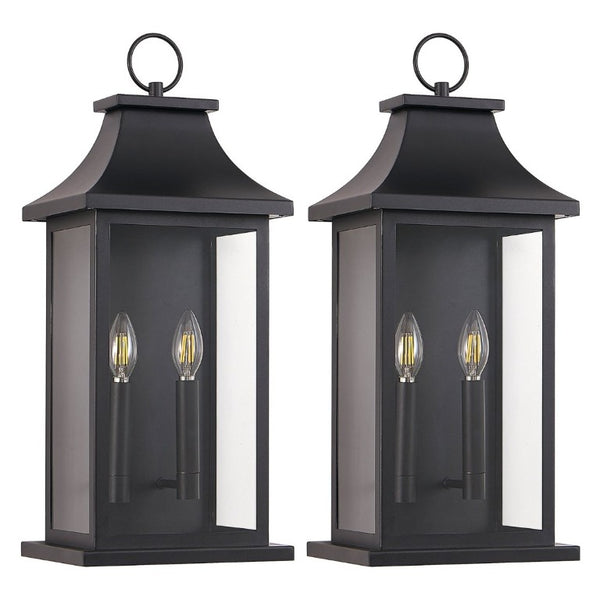 English Elm 2-Pack Lantern Outdoor Wall Sconces Black Metal Tempered Glass Porch Entryway Lights W1340P379243