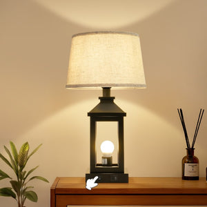 English Elm 20.5In Matte Black Alloy Farmhouse Lamp with Linen Shade Touch Dimmer and USB Charging W1340P379390