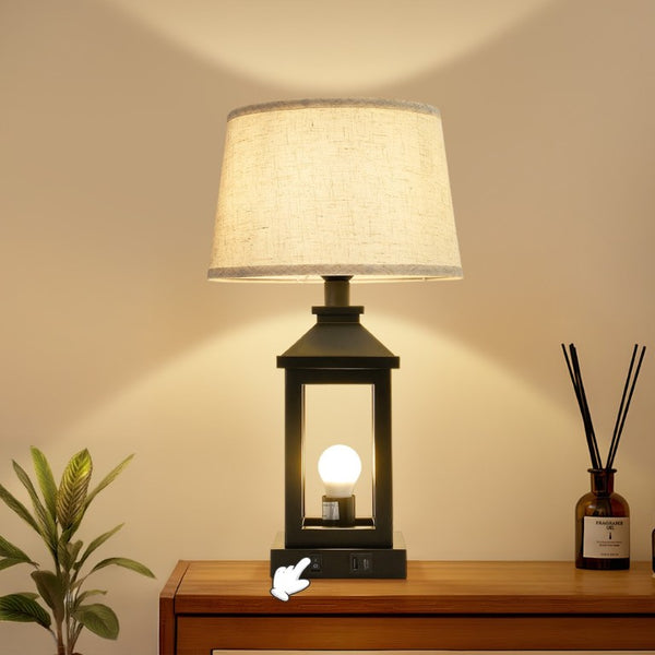 English Elm 20.5In Matte Black Alloy Farmhouse Lamp with Linen Shade Touch Dimmer and USB Charging W1340P379390
