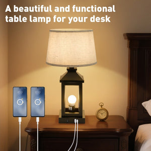 English Elm 20.5In Matte Black Alloy Farmhouse Lamp with Linen Shade Touch Dimmer and USB Charging W1340P379390