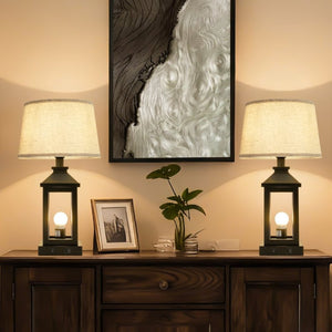 English Elm 20.5In Matte Black Alloy Farmhouse Lamp with Linen Shade Touch Dimmer and USB Charging W1340P379390